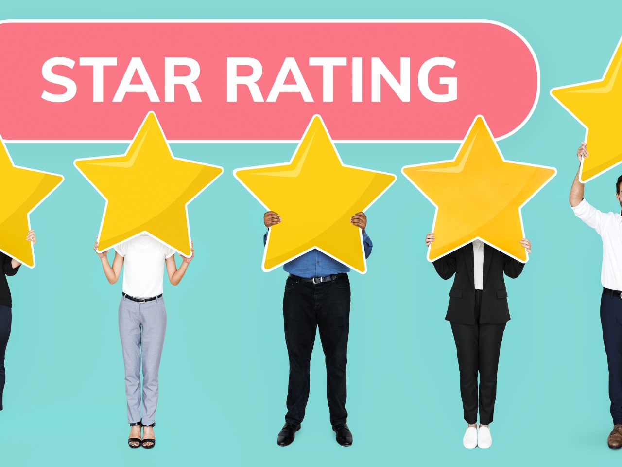 Diverse people showing golden star rating symbol