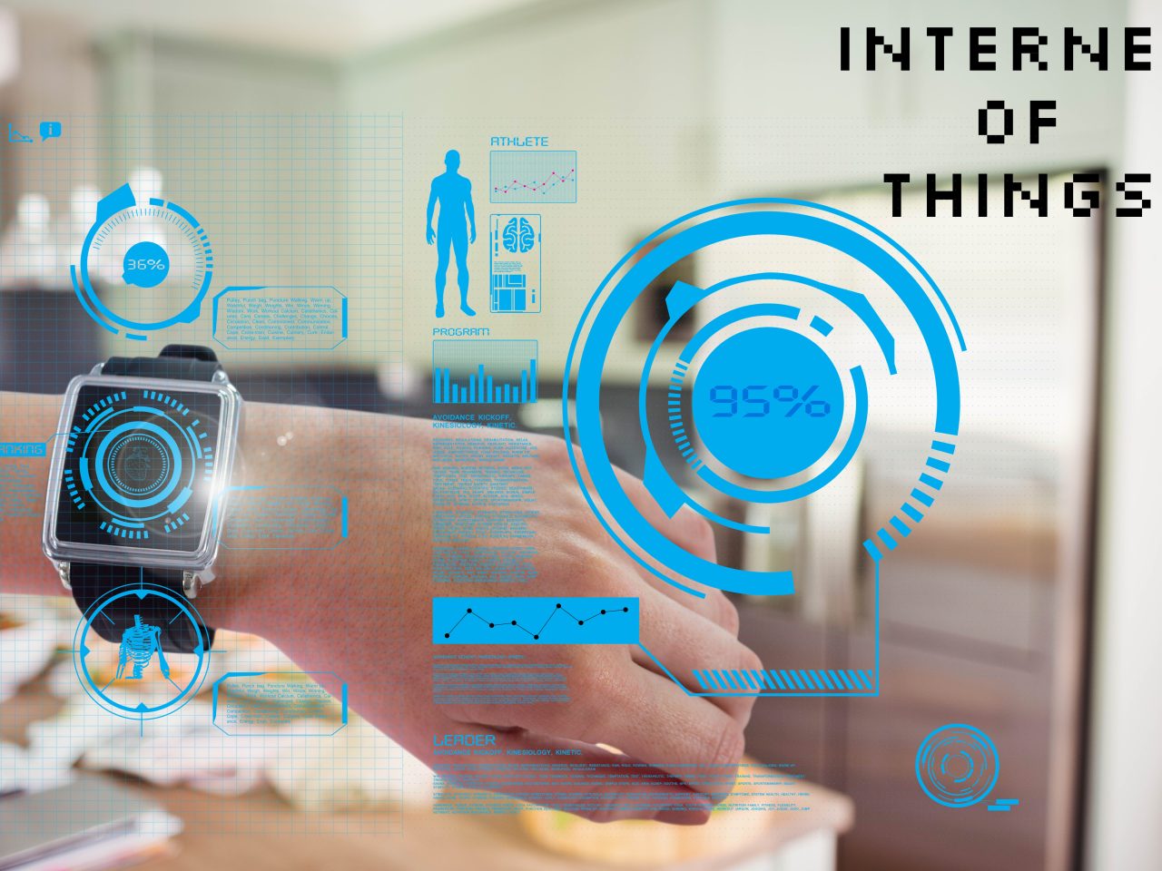 composite of hand with smartwatch and internet of things graphics